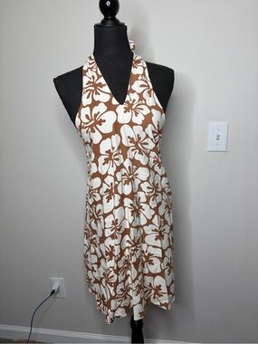 Halter Floral Midi Dress in Brown and White Hawaii summer beach sundress